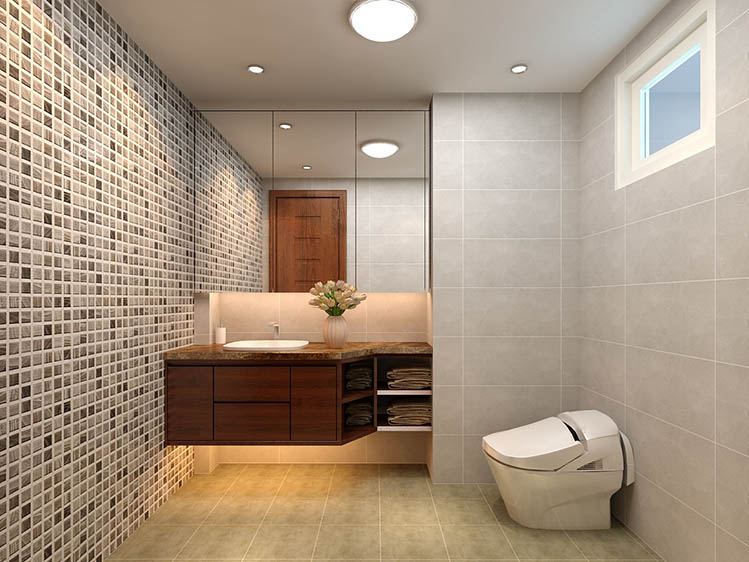 Thiết kế phòng tắm hiện đại với tường gạch.